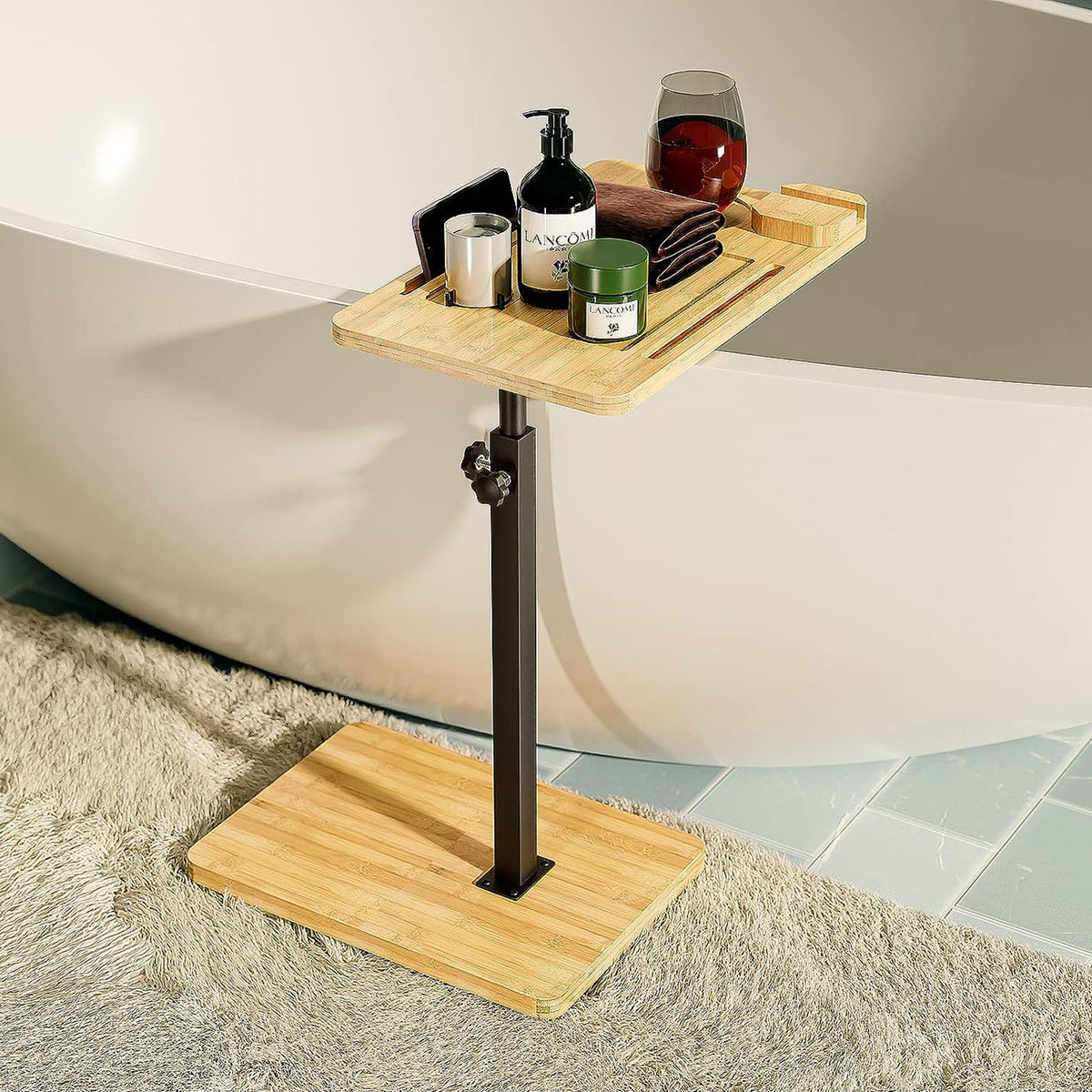 LivaraHome Nobi Bamboo & Steel C Shaped End Table Adjustable Height
