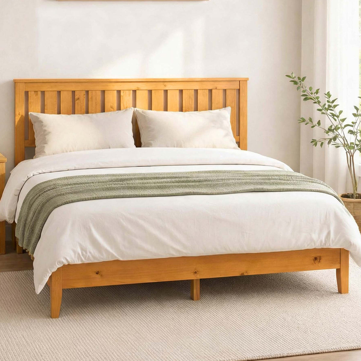 LivaraHome Alexis Solid Wood Bed Frame Rustic Slat Bedhead - Natural
