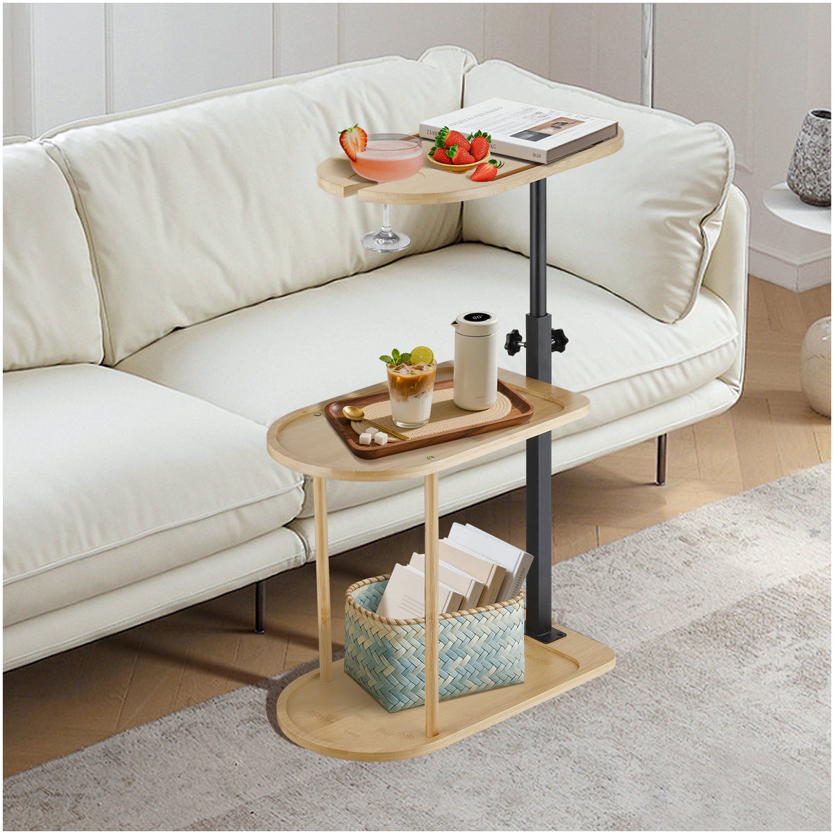LivaraHome Willie 3 Tier Bamboo & Steel Adjustable Side Table