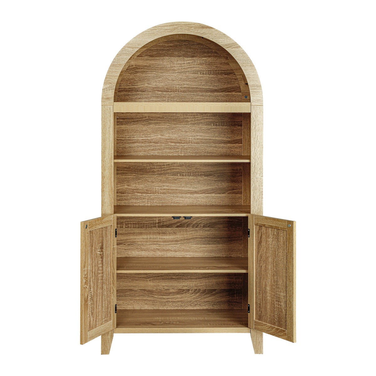 An arched wooden display cabinet with two open doors, showing three tiers of open shelves, finished in a warm oak wood grain pattern on a solid white background.