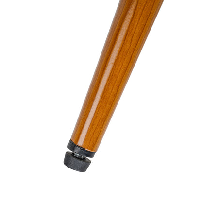 Close-up of a polished wooden cylindrical product end with a black circular cap or base, shown on a plain white background.