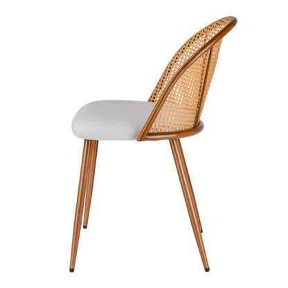 A modern side chair with a light beige upholstered seat, a natural woven cane backrest, and a warm brown wooden frame and legs, shown from a three-quarters angle on a white background.