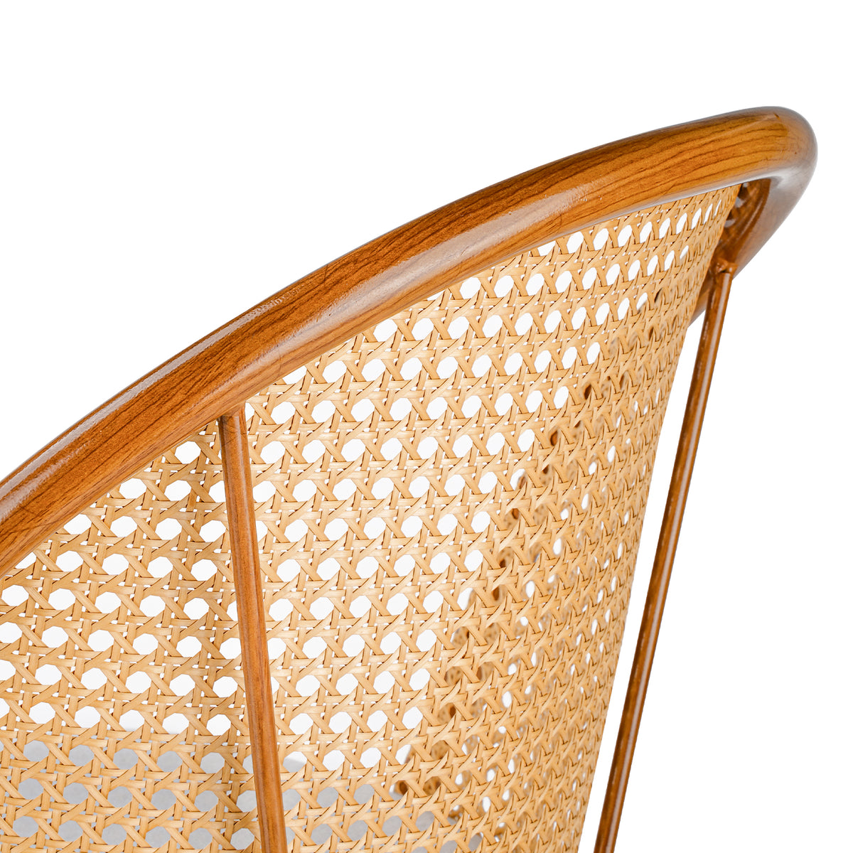 Close-up of a wooden chair back with a curved medium-brown wood frame and a woven natural cane seat on a white background.
