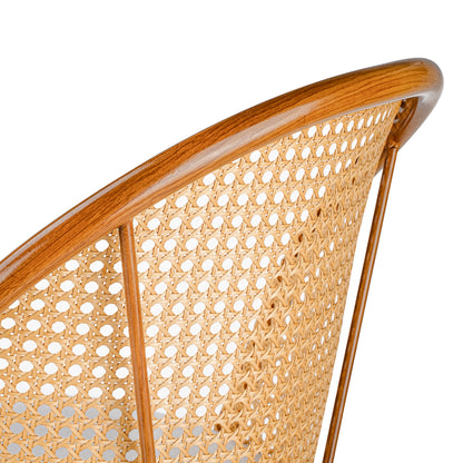 Close-up of a wooden chair back with a curved medium-brown wood frame and a woven natural cane seat on a white background.