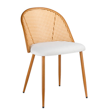 A modern dining chair with a curved backrest made of woven cane, a white upholstered seat, and slim metallic bronze legs, shown on a plain white background.