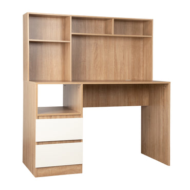 A modern L-shaped computer desk with a matching hutch and shelf unit, featuring a light oak wood grain finish with two white drawer fronts on the left side, shown against a plain white background.