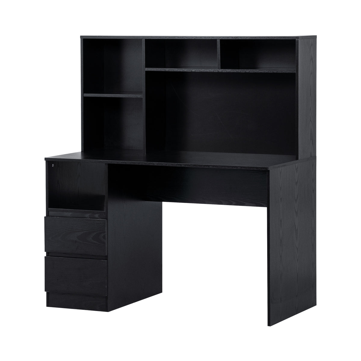 A modern black wooden desk with an attached hutch, featuring three drawers on the left, open shelving at the top, and a clean straight-leg desk base, shown against a plain white background.