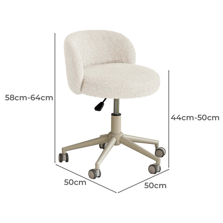An off-white bouclé office chair with a beige five-star wheeled base, shown with dimension lines and text indicating height and width measurements.