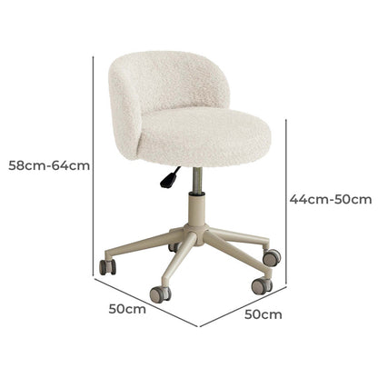 An off-white bouclé office chair with a beige five-star wheeled base, shown with dimension lines and text indicating height and width measurements.