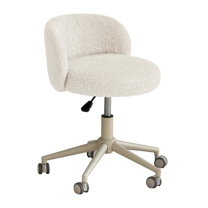 An office desk chair with a textured cream bouclé upholstered seat and curved backrest, mounted on a beige five-star swivel base with casters.