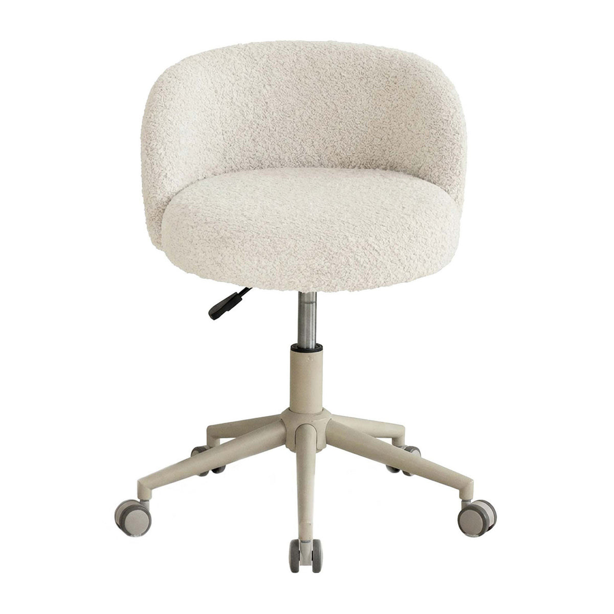 An upholstered office chair with a rounded, high-back seat in a textured cream bouclé fabric, mounted on a beige five-star wheeled base with a chrome gas-lift column.