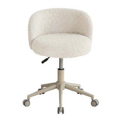 An upholstered office chair with a rounded, high-back seat in a textured cream bouclé fabric, mounted on a beige five-star wheeled base with a chrome gas-lift column.