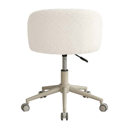 An adjustable office stool with a rounded, textured off-white bouclé seat cushion on a beige five-star wheeled base with casters.