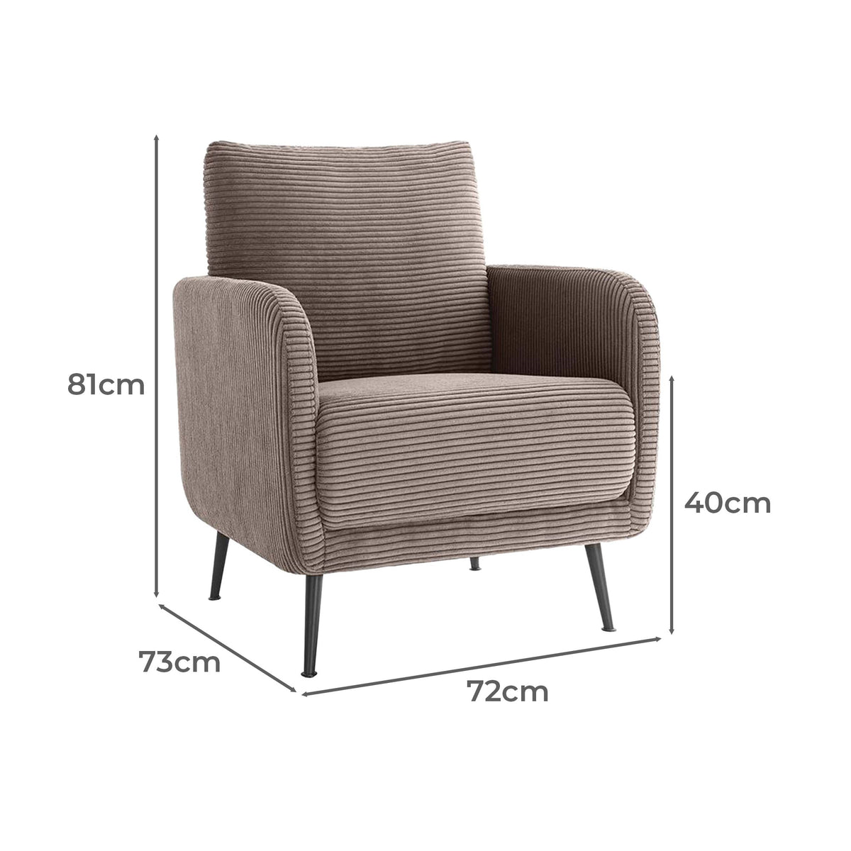 A brown corduroy armchair with black metal legs, shown with dimension lines and labels indicating a height of 81cm, width of 73cm, depth of 72cm, and backrest height of 40cm, on a white background.
