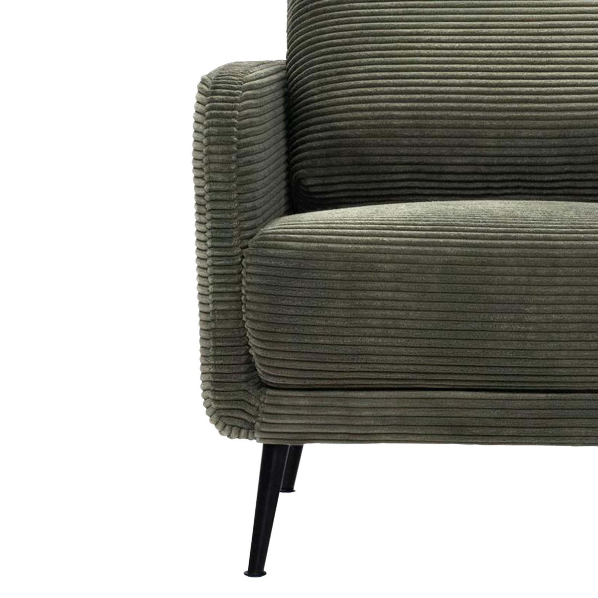 Close-up of a ribbed corduroy upholstered armchair in a muted olive green color, showing the armrest, seat cushion, and a portion of the black metal legs against a plain white background.