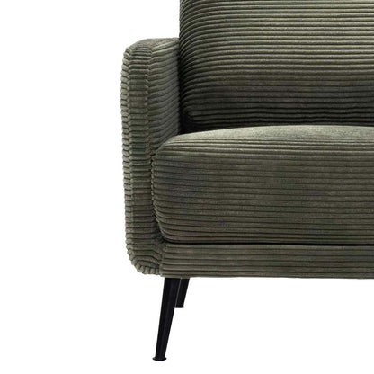 Close-up of a ribbed corduroy upholstered armchair in a muted olive green color, showing the armrest, seat cushion, and a portion of the black metal legs against a plain white background.