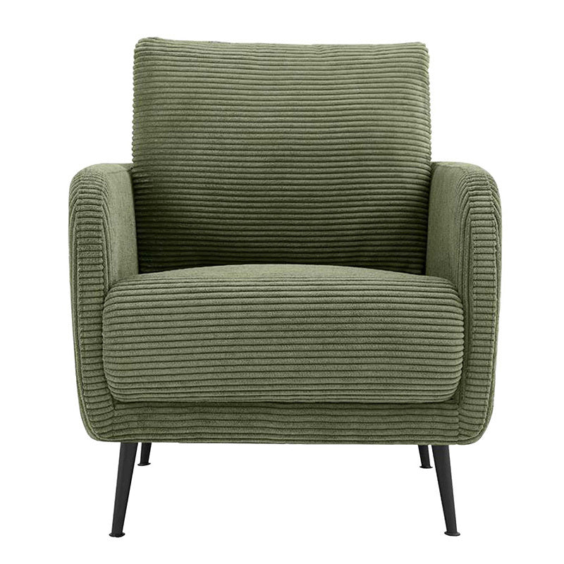 An olive green corduroy armchair with black metal legs, shown against a plain white background.