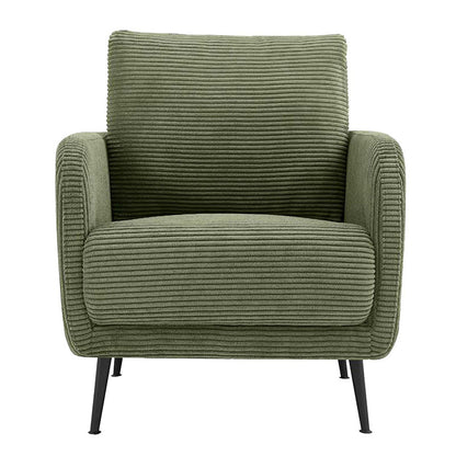 An olive green corduroy armchair with black metal legs, shown against a plain white background.