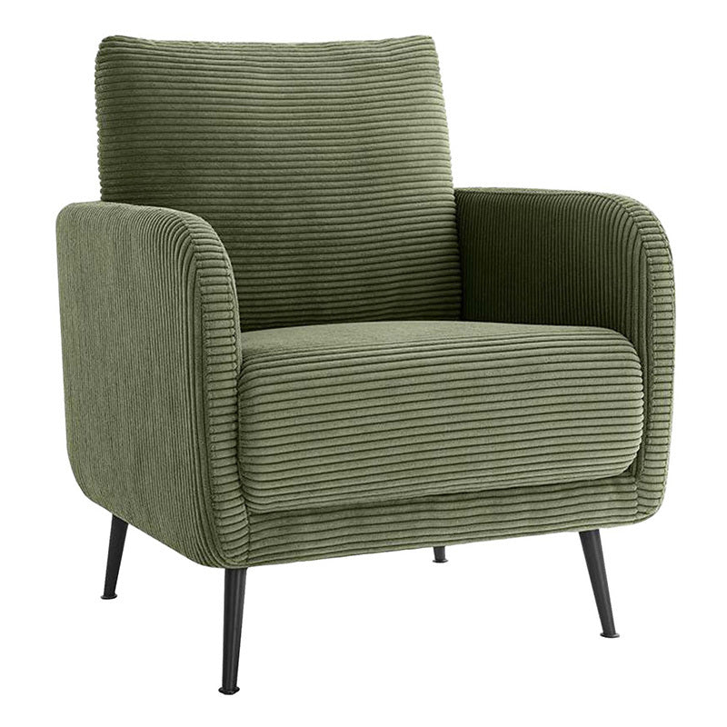 An olive green corduroy armchair with black metal legs, shown from a three-quarter angle against a plain white background.