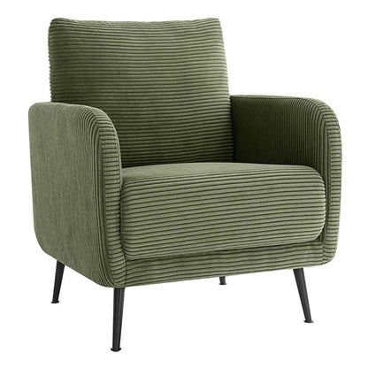 An olive green corduroy armchair with black metal legs, shown from a three-quarter angle against a plain white background.