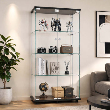 A tall glass display cabinet with a black top and bottom frame, styled in a living room setting with various collectibles and decor items on its shelves.