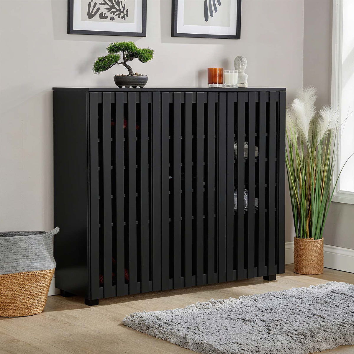 LivaraHome Halden 3 Door Slatted Shoe Cabinet Hidden Storage