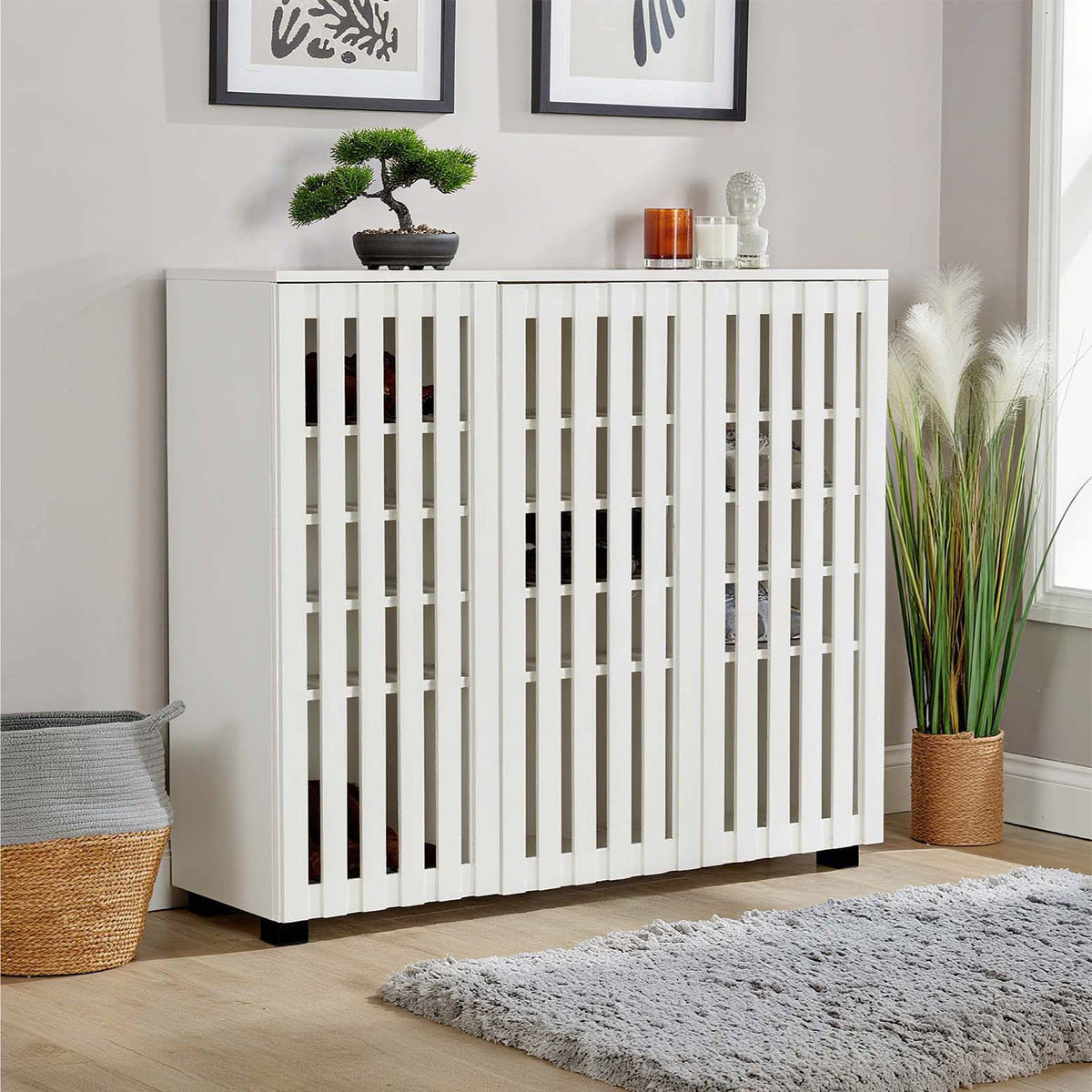 LivaraHome Halden 3 Door Slatted Shoe Cabinet Hidden Storage
