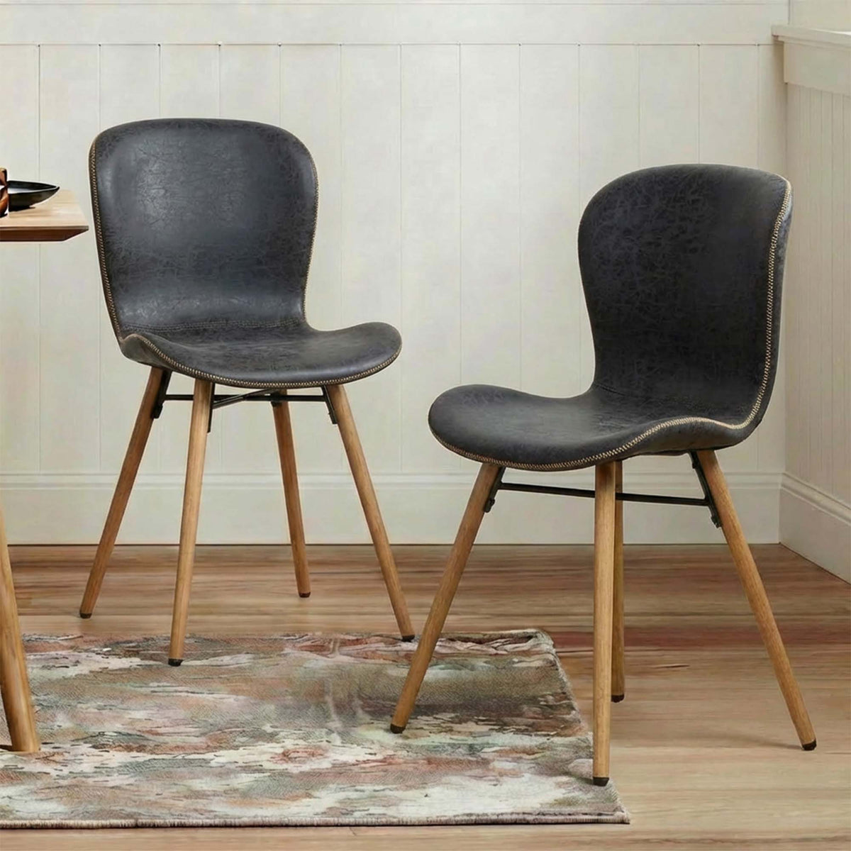 LivaraHome Kasa Faux Leather Dining Chairs Cushion Seat (Set of 2) - Mid Century