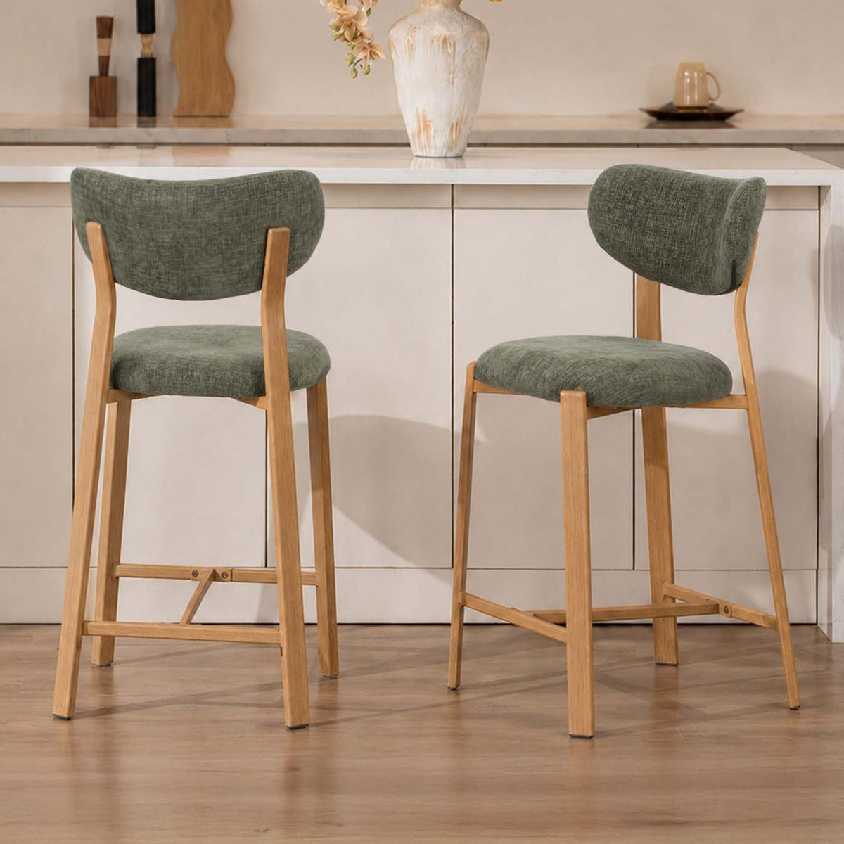 LivaraHome Luna 65cm Chenille Upholstered Bar Stools (Set of 2) - Natural