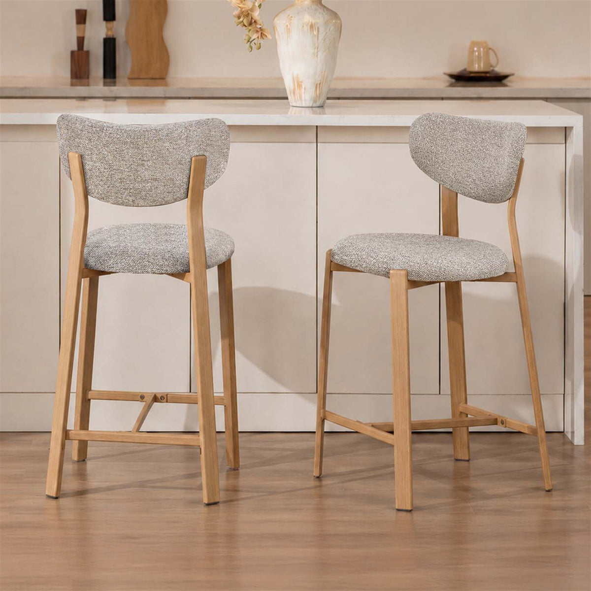 LivaraHome Luna 65cm Chenille Upholstered Bar Stools (Set of 2) - Natural