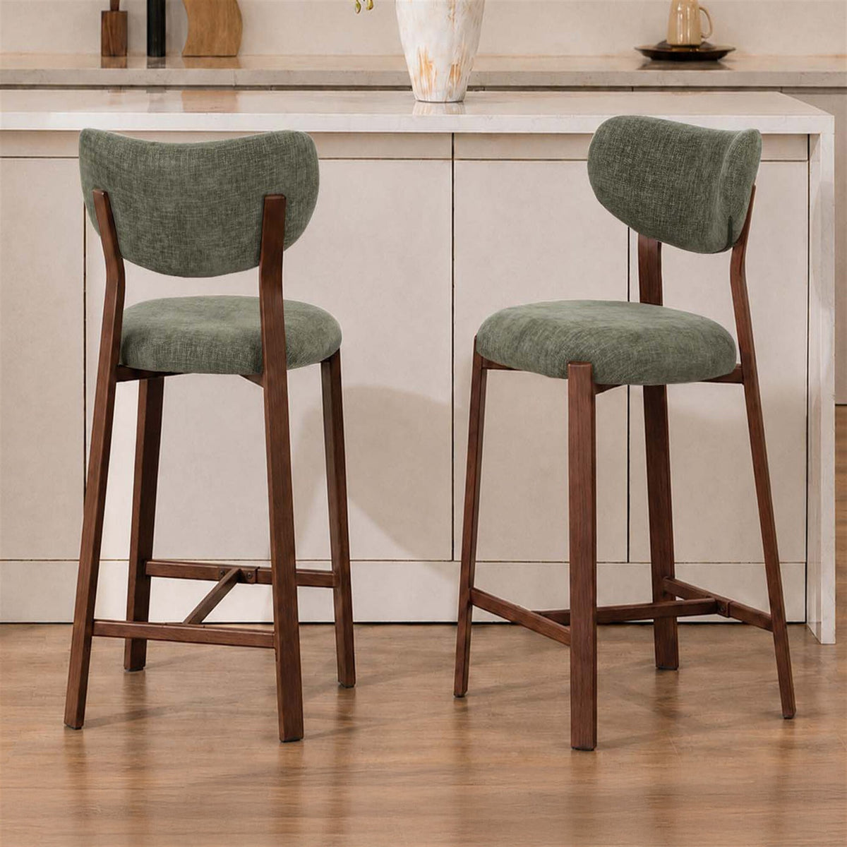 LivaraHome Luna 65cm Chenille Upholstered Bar Stools (Set of 2) - Walnut