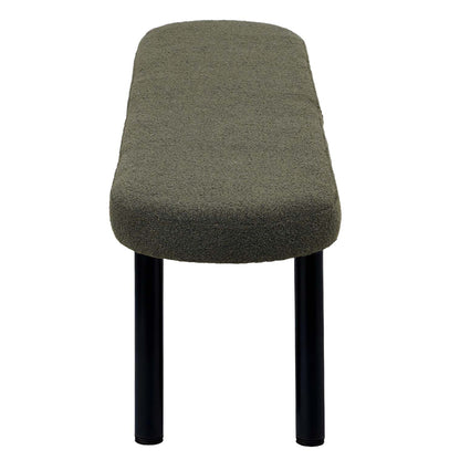 An upholstered bench with a rounded rectangular seat cushion in a textured olive green fabric and two slim black legs, shown against a plain white background.