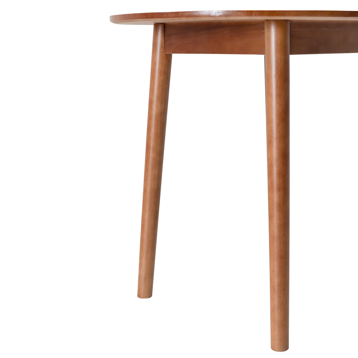 Close-up of a round wooden table showing the top edge and two tapered legs in a warm medium brown finish against a white background.