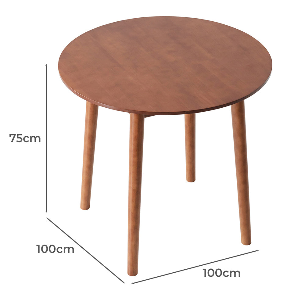 Round wooden table with four tapered legs, shown on a white background with dimension lines indicating a diameter of 100cm, height of 75cm, and leg length of 100cm.