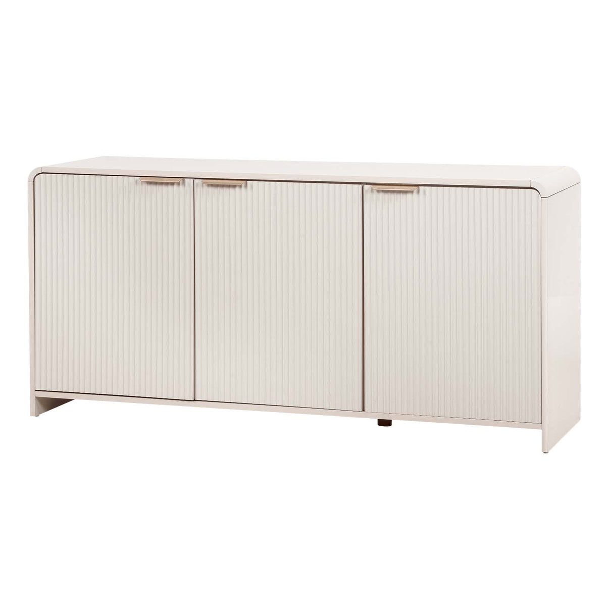 A modern sideboard cabinet with three vertically ribbed doors in a warm off-white finish, featuring slim metallic bar handles and a low profile, shown against a plain white background.
