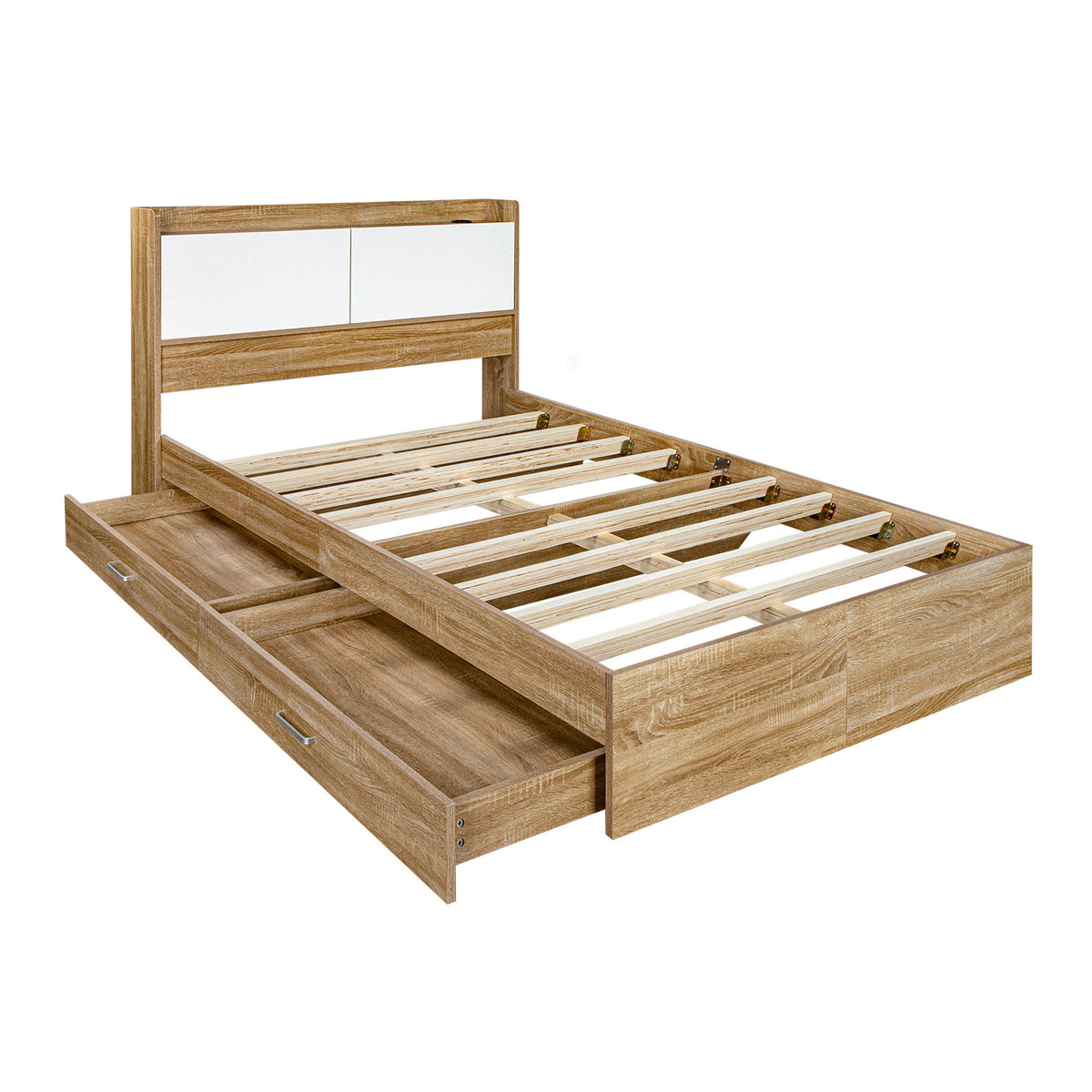 A light oak wood platform bed frame with a headboard featuring two rectangular mirror panels, shown with two pull-out storage drawers extended on a plain white background.