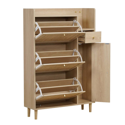 A light natural wood shoe cabinet with three pull-out shoe racks and an open drawer, shown on a plain white background.