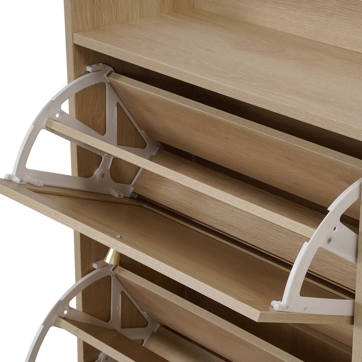 Close-up of a light wood shelving unit with two white metal slide shelves partially extended, showing the hinge brackets and wood grain.