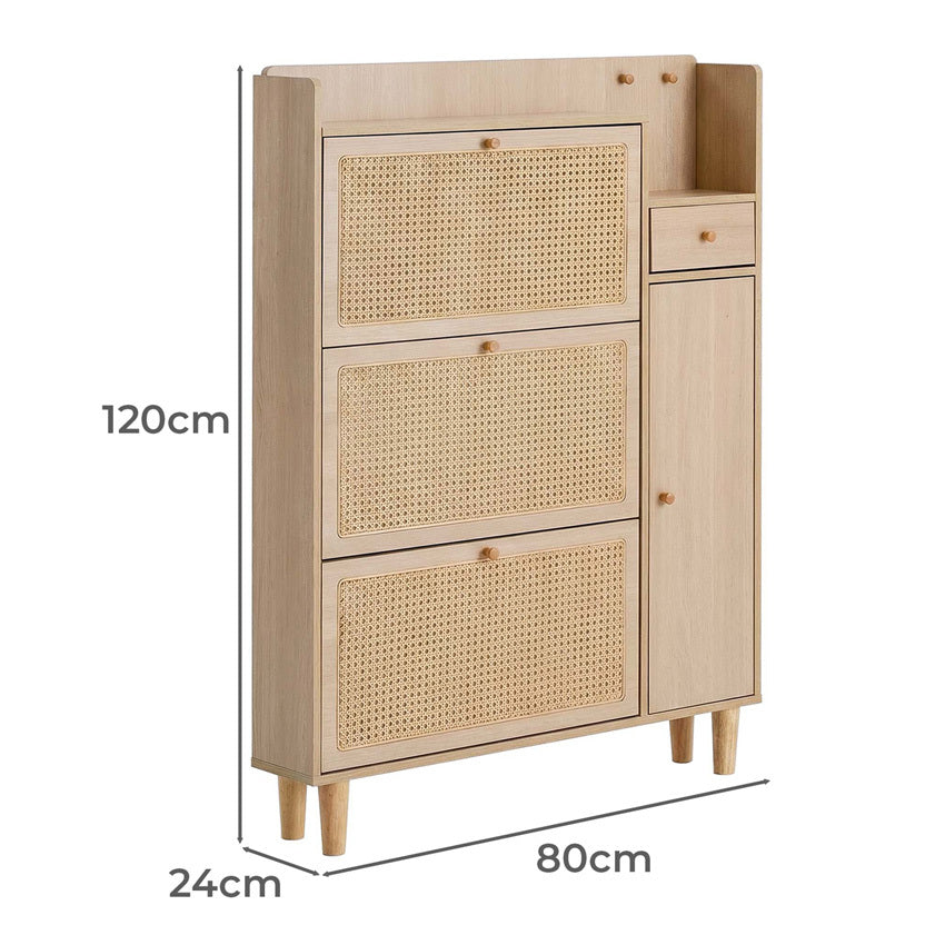A light natural wood three-drawer cabinet with woven cane panel doors, shown with dimension labels indicating 120cm height, 80cm width, and 24cm depth.