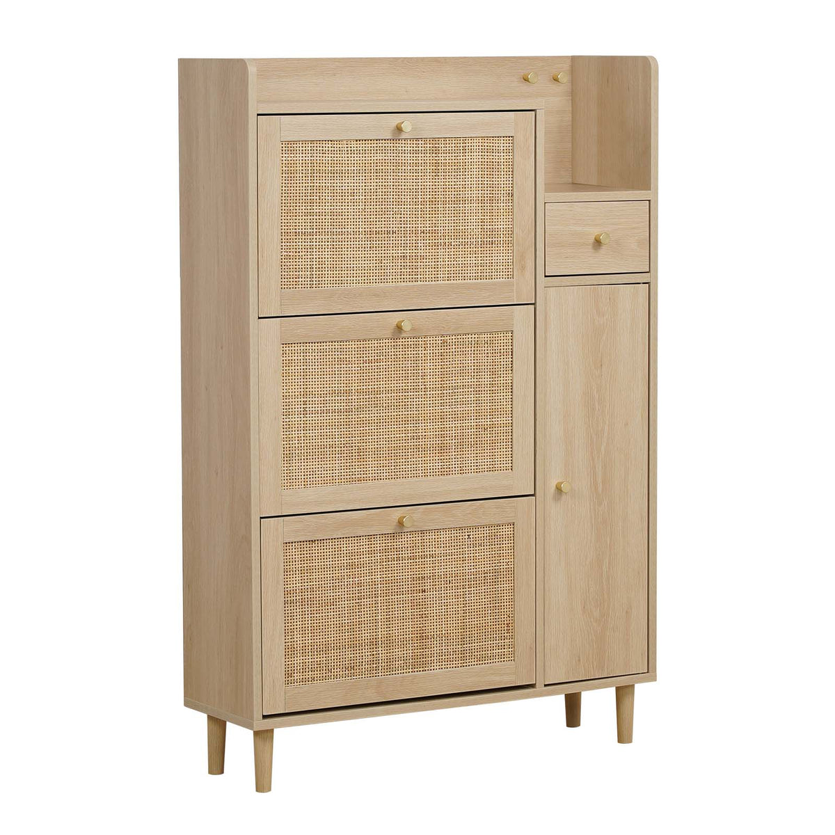 A light natural wood storage cabinet with three drawers featuring woven cane panels, a single side drawer, an open side shelf, and a cabinet door with small brass knobs and tapered wooden legs.
