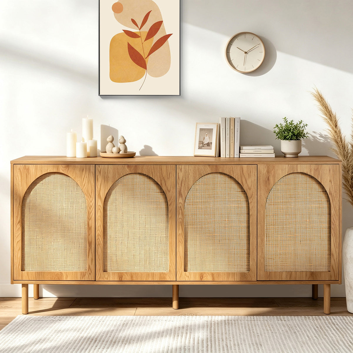 LivaraHome Rat 4 Arched Door Rattan Sideboard Storage Cabinet - Natural