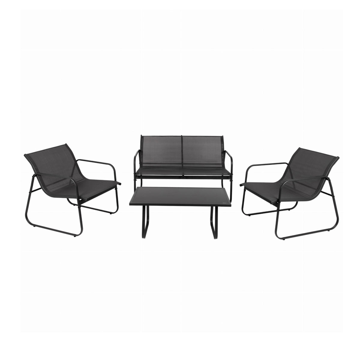 A 4-piece outdoor patio furniture set including a two-seater loveseat, a rectangular coffee table, and two lounge chairs, all in black with dark gray mesh fabric and black metal frames, shown on a solid white background.