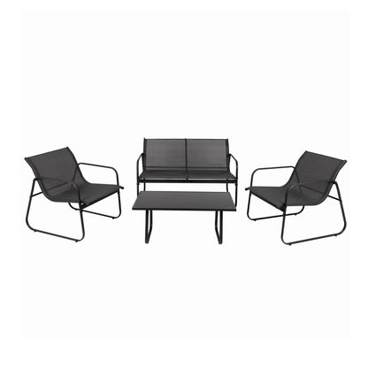 A 4-piece outdoor patio furniture set including a two-seater loveseat, a rectangular coffee table, and two lounge chairs, all in black with dark gray mesh fabric and black metal frames, shown on a solid white background.