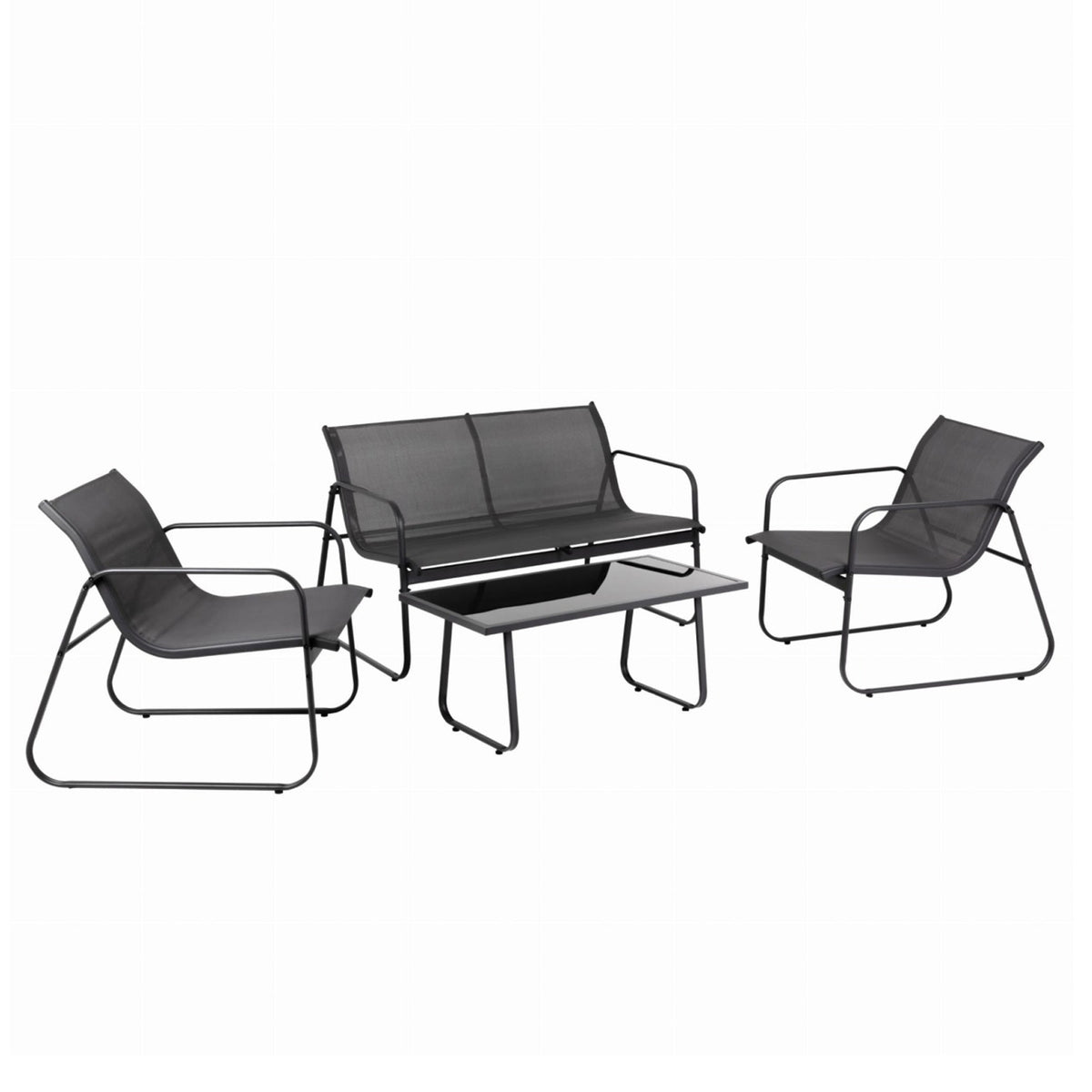 A 4-piece outdoor patio conversation set featuring a black mesh two-seater sofa, two matching armchairs, and a rectangular coffee table, all on a white background.