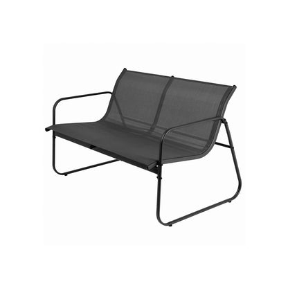 A modern two-seater outdoor mesh lounge chair with a black metal frame, shown from a three-quarter angle on a plain white background.