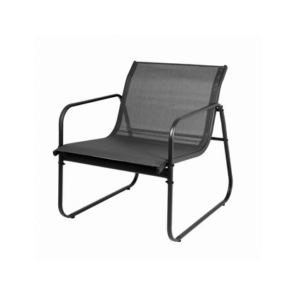 A modern outdoor lounge chair with a black mesh sling seat and backrest, supported by a sleek black metal frame with integrated armrests and cantilevered legs, shown against a plain white background.