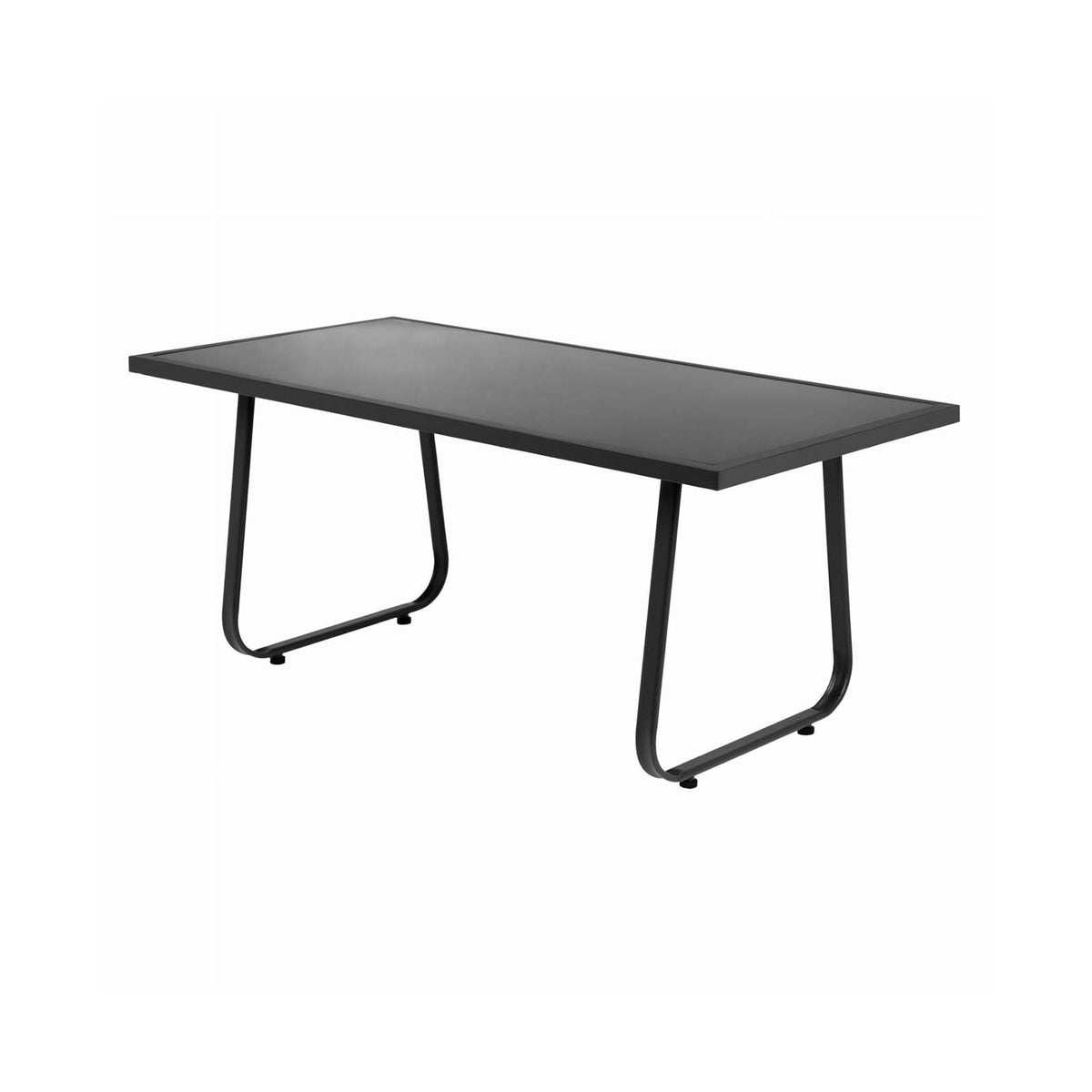 A modern rectangular desk with a black top and black metal legs with curved U-shaped supports, shown on a plain white background.