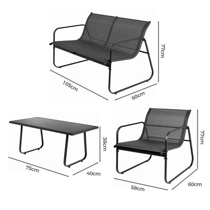 Three-piece black mesh outdoor patio furniture set with dimension labels showing a loveseat, a rectangular table, and an armchair on a white background.