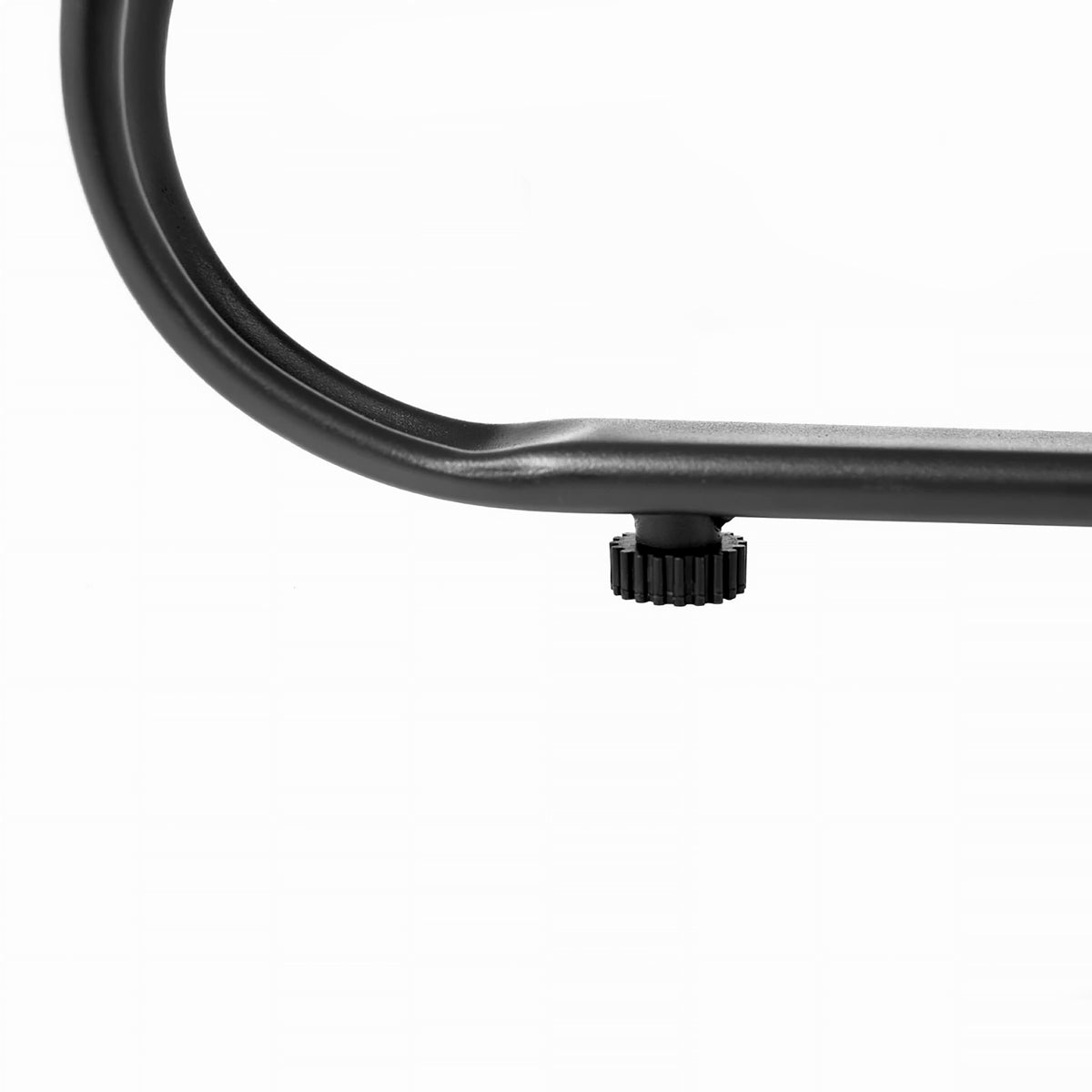 Close-up of a black metal curved bar with a small black adjustment knob, shown against a plain white background.