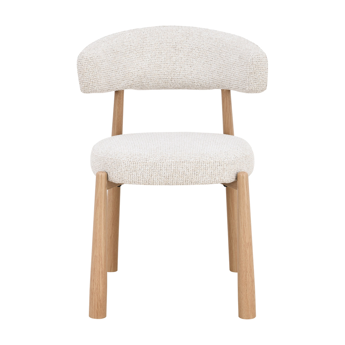 An upholstered dining chair with a rounded backrest and seat, featuring textured cream fabric and light natural wood legs, shown against a plain white background.